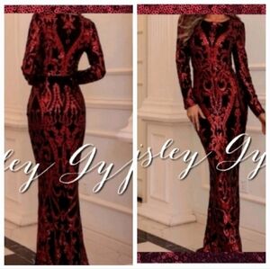 Glamorous Burgundy Contrast Sequin Fit and Flare Formal Gown